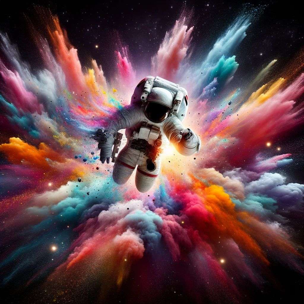an astronaut, made from a burst of colored powder, digital art